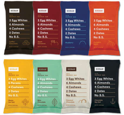 8 packages of RXBAR. Each flavor is a different color.